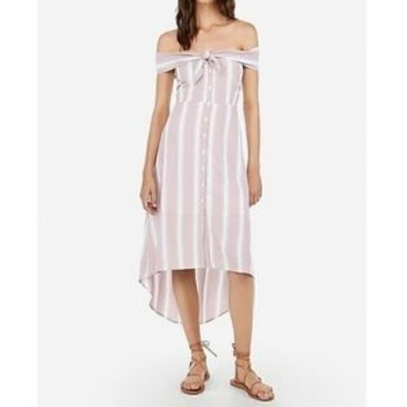 Express Striped Off Shoulder Tie Front Dress Pink White XS button preppy summer - Picture 1 of 10